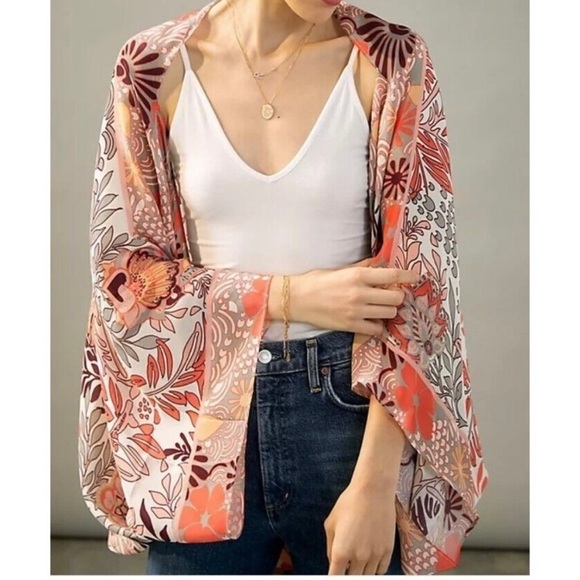 Anthropologie Floral Kimono Shawl Women One Size Peach Gray Larissa Lightweight - Picture 3 of 12